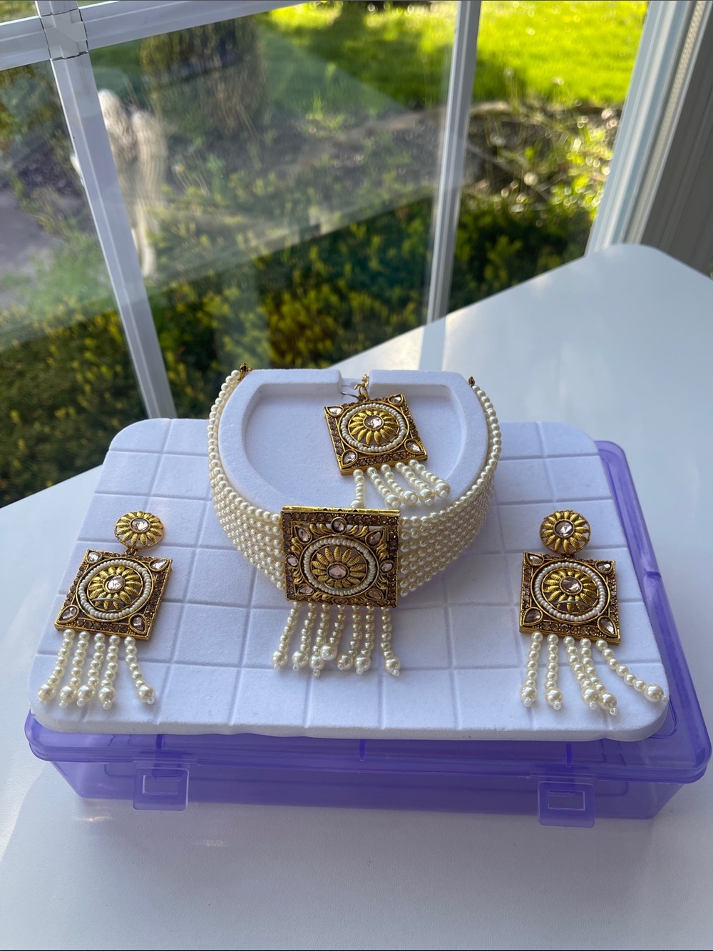 Gold and Pearl Choker Necklace Set with head piece and Earrings